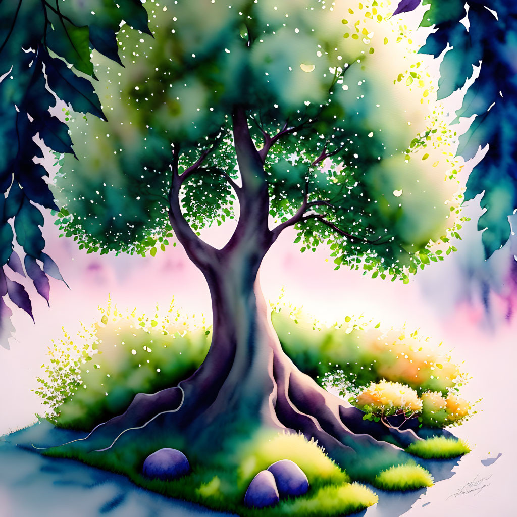 Whimsical tree illustration with thick trunk and vibrant green foliage