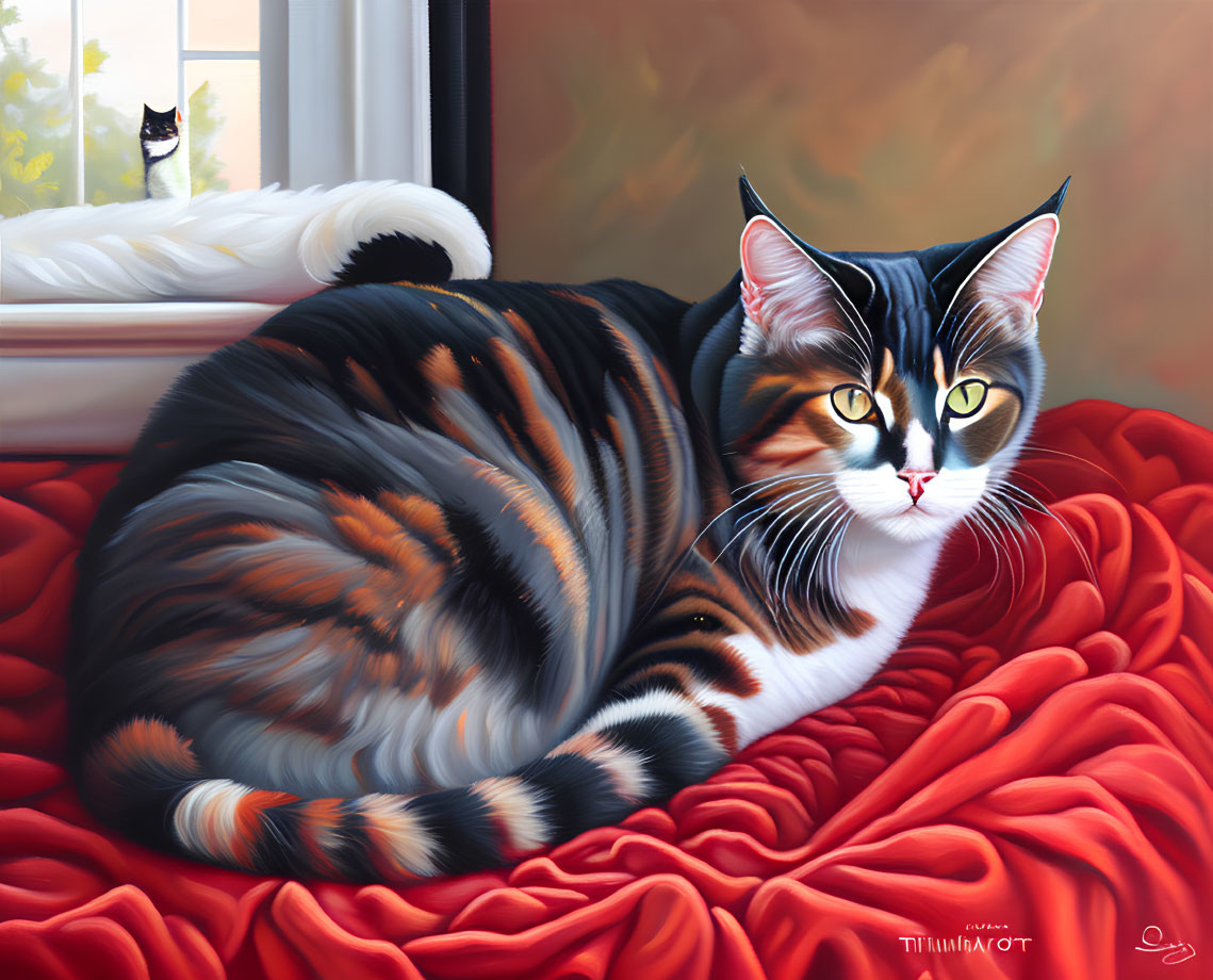 Vivid artwork of tabby cat on red blanket with white cat silhouette in window