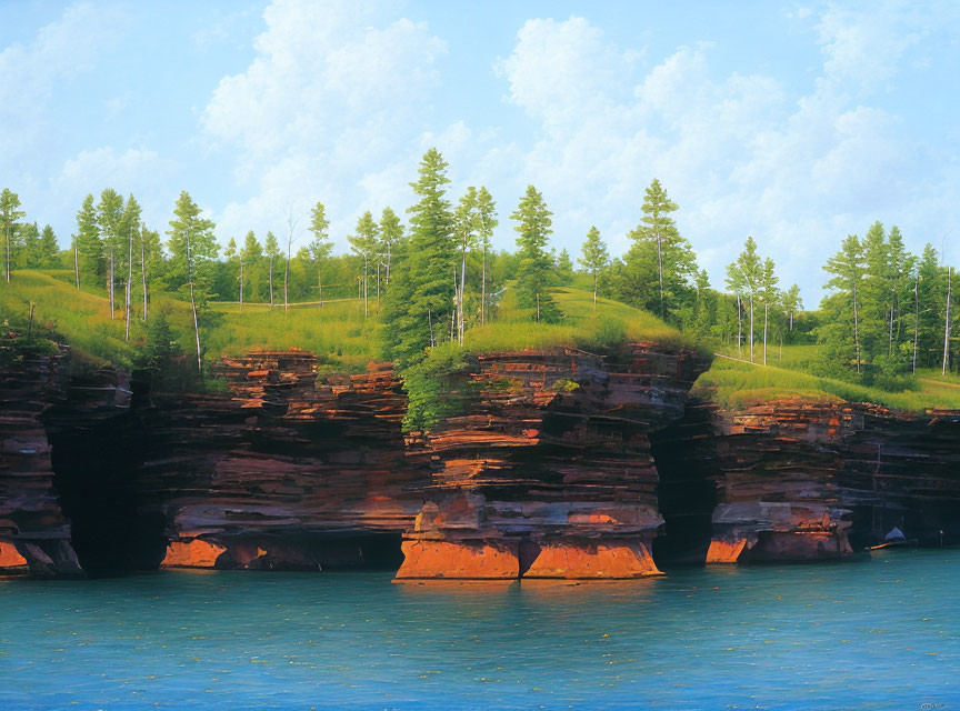 Scenic view of lush green trees on red and brown cliffs near calm blue lake