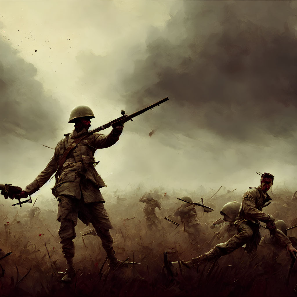 Soldiers in Battlefield: One Charging with Rifle