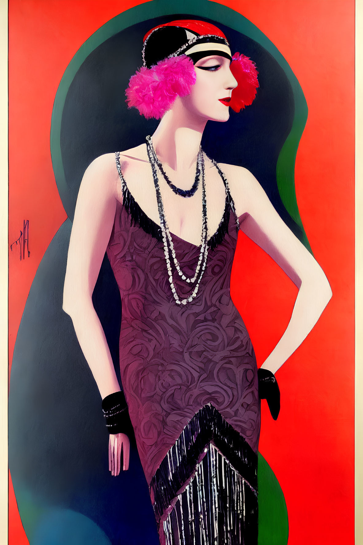 Stylized 1920s woman in flapper dress with pearl necklace and feather on red and