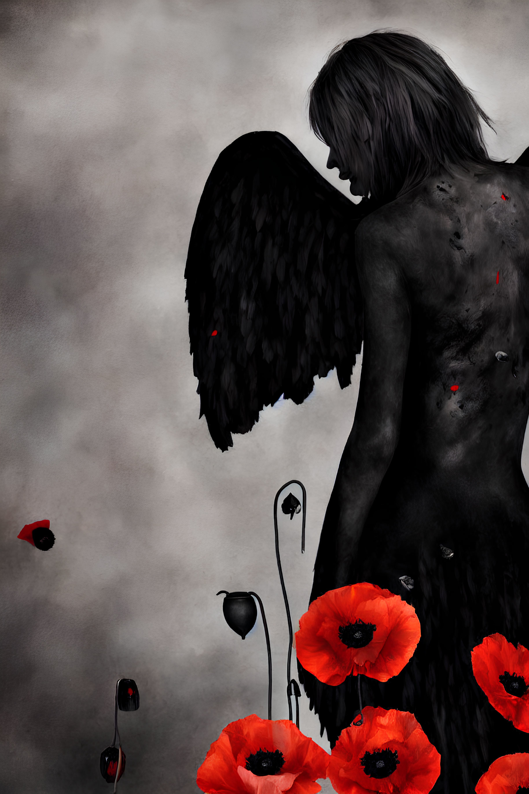 Somber figure with black wings in red poppies scene