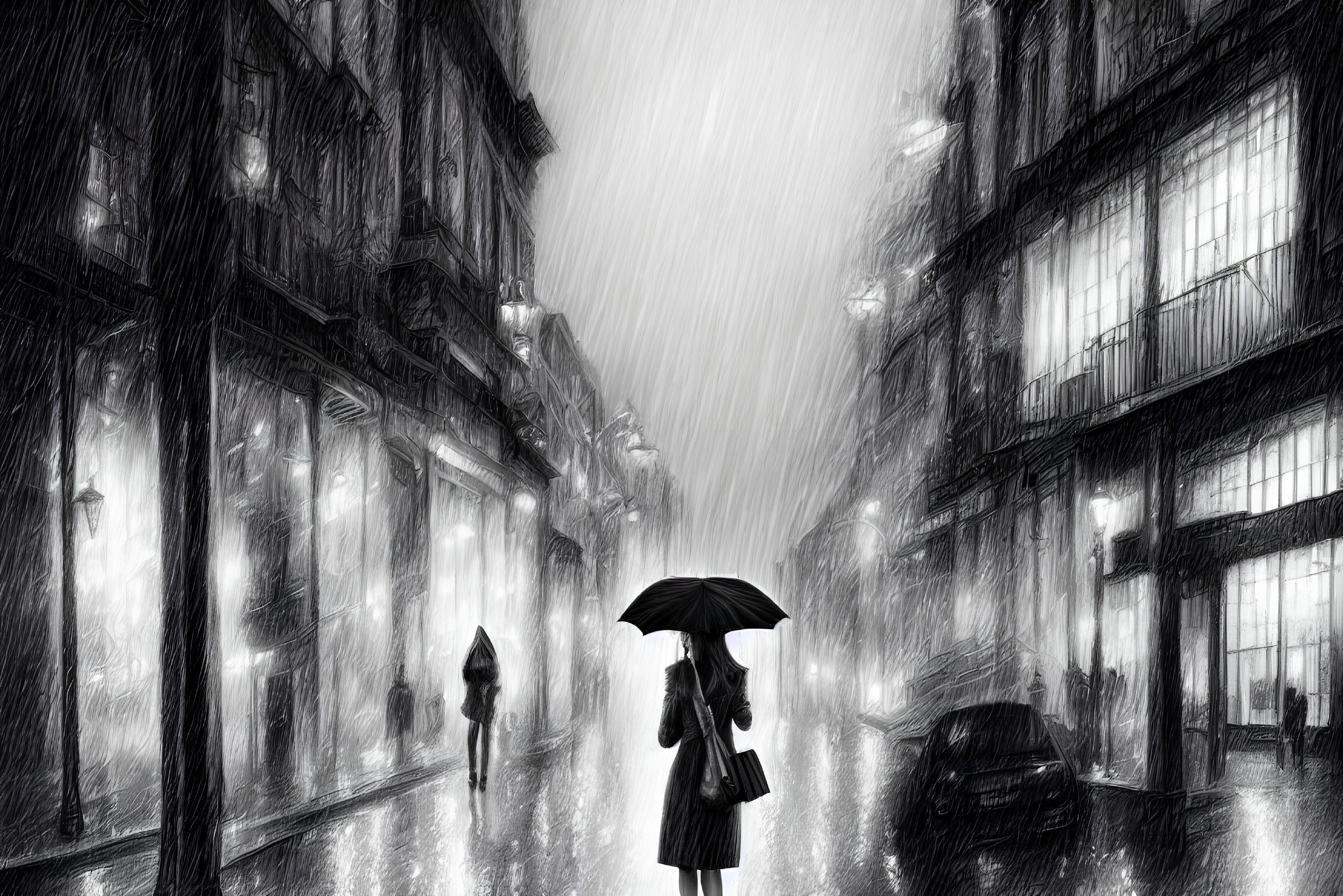 Monochrome image of person with umbrella in rain-soaked street