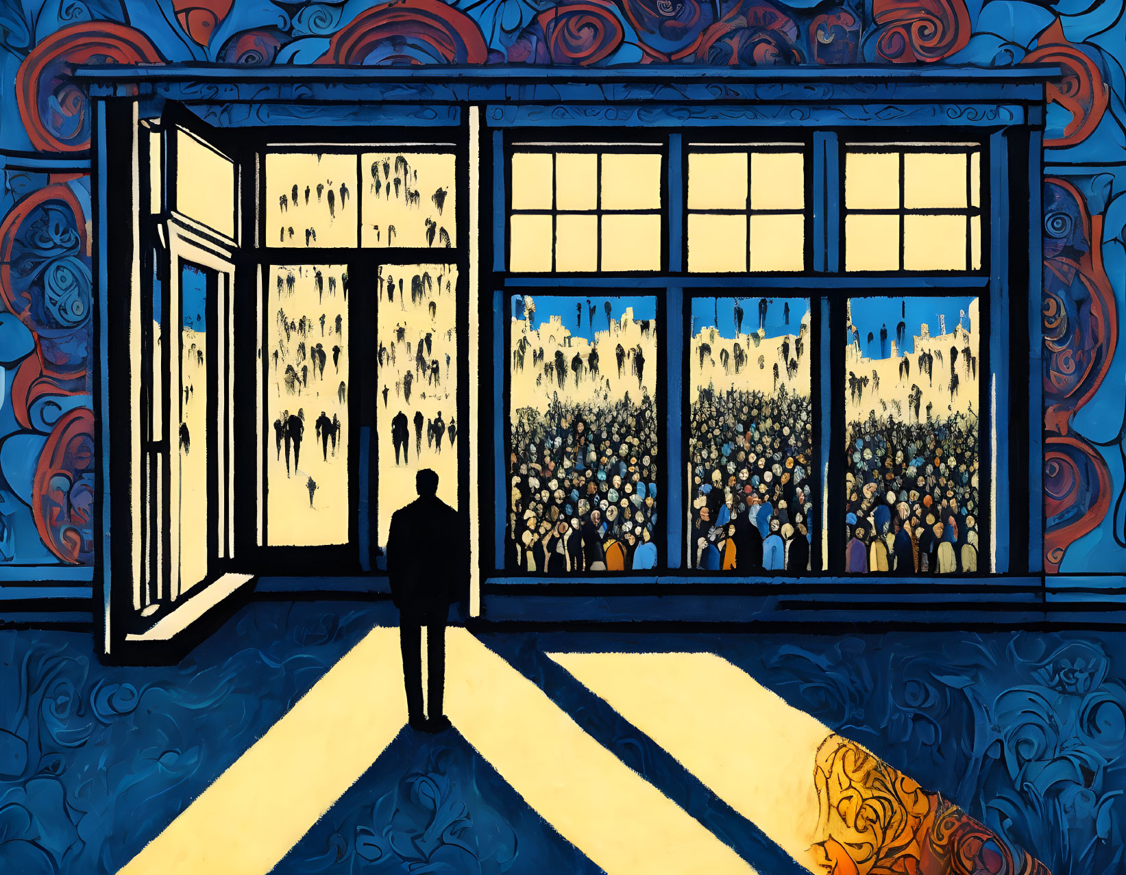 Expressive silhouette against vibrant window scene with blue and yellow tones