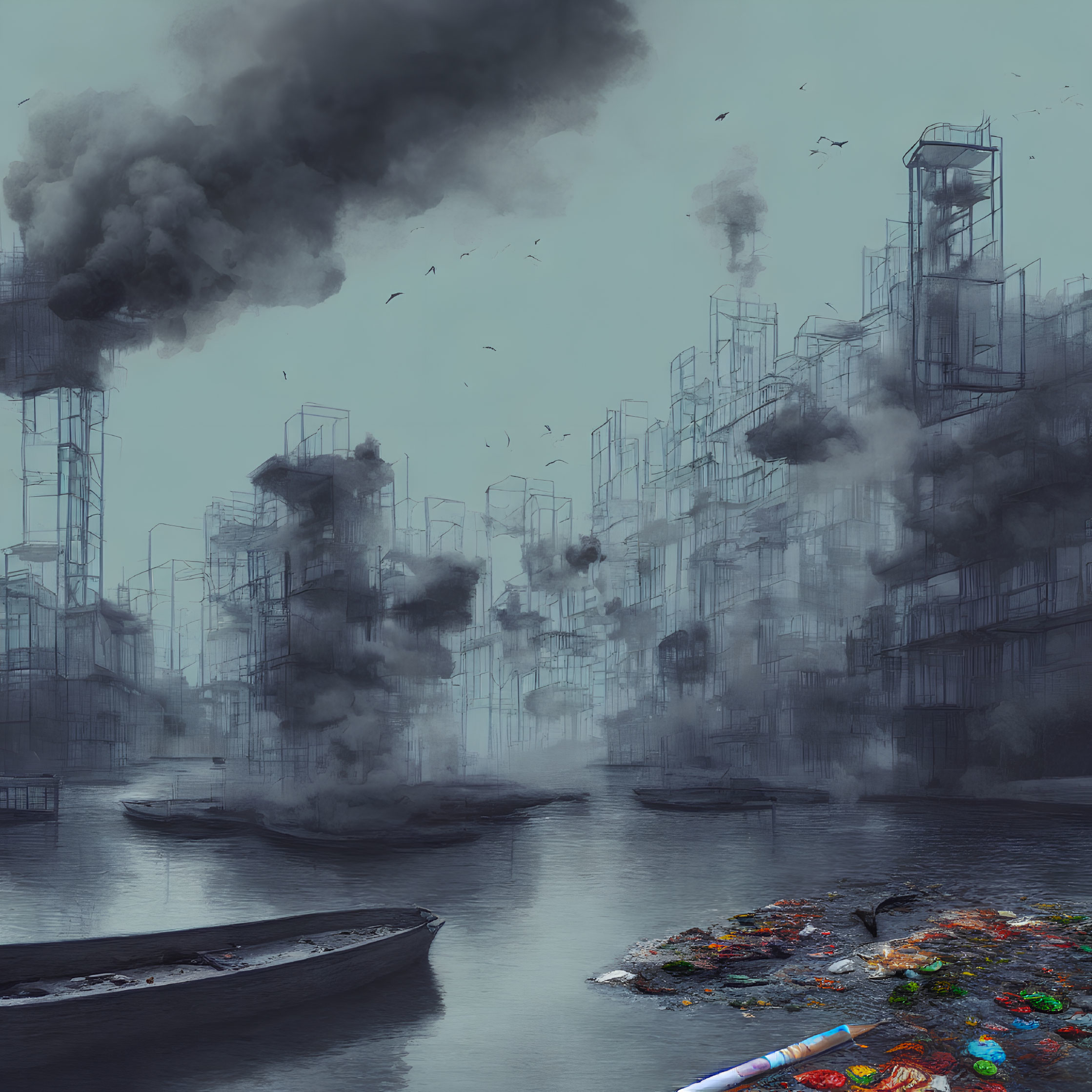 Dystopian cityscape with industrial towers, birds, boats, and colorful debris