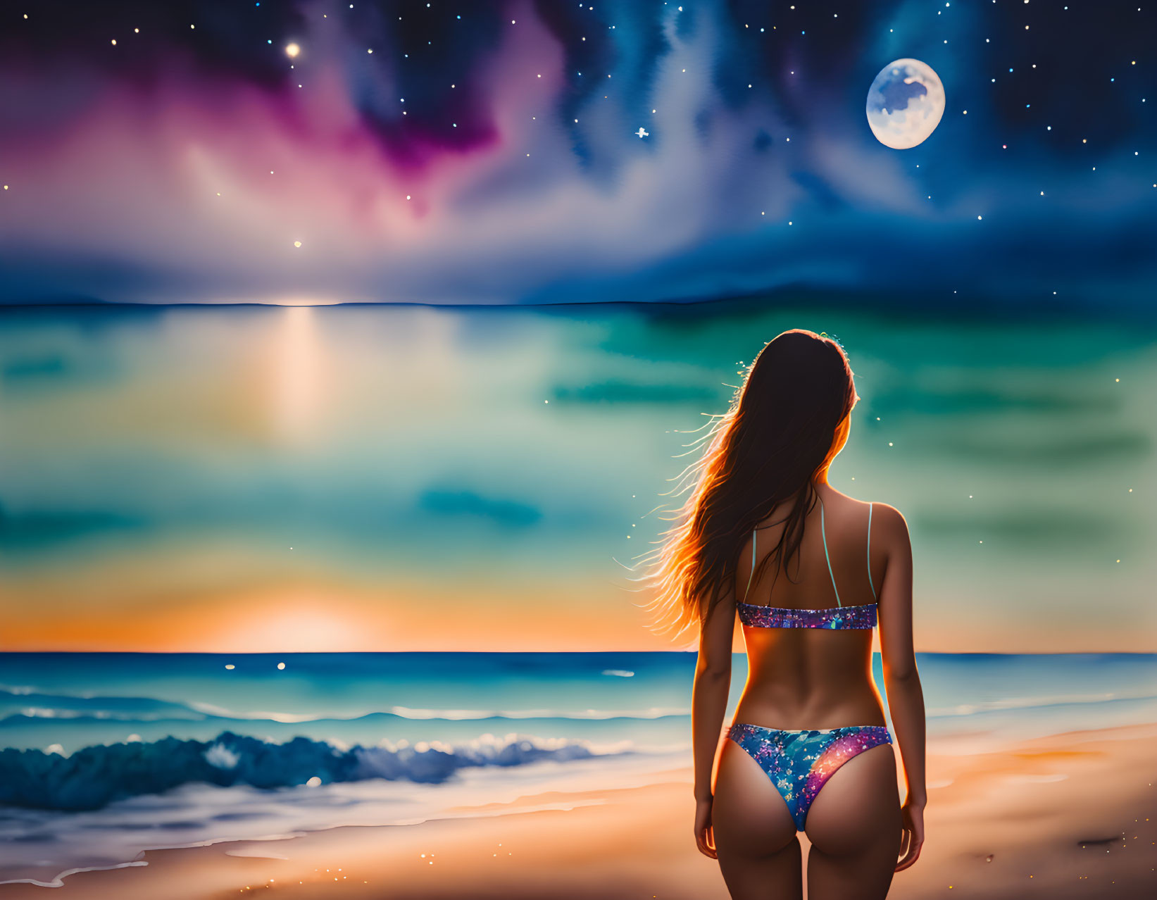 Bikini-clad person on beach at twilight with starry sky and full moon