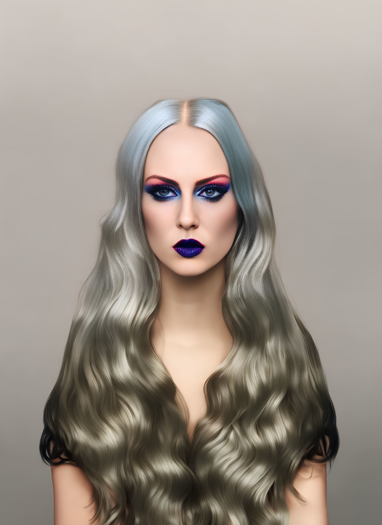 Long Wavy Ash Blonde Hair with Blue Eyeshadow and Purple Lipstick