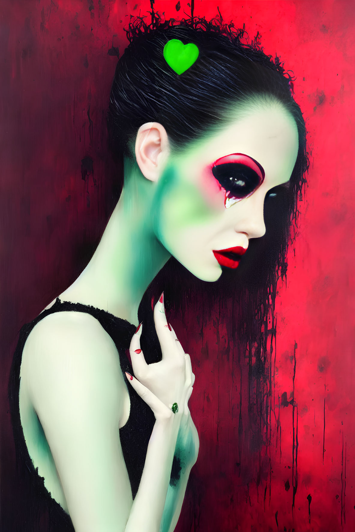 Person with green and red makeup, heart on forehead, tear on red backdrop