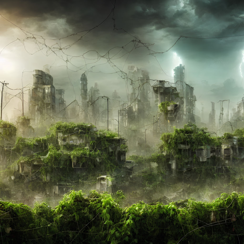 Post-apocalyptic cityscape with overgrown foliage, stormy skies, crumbling buildings, and lightning.