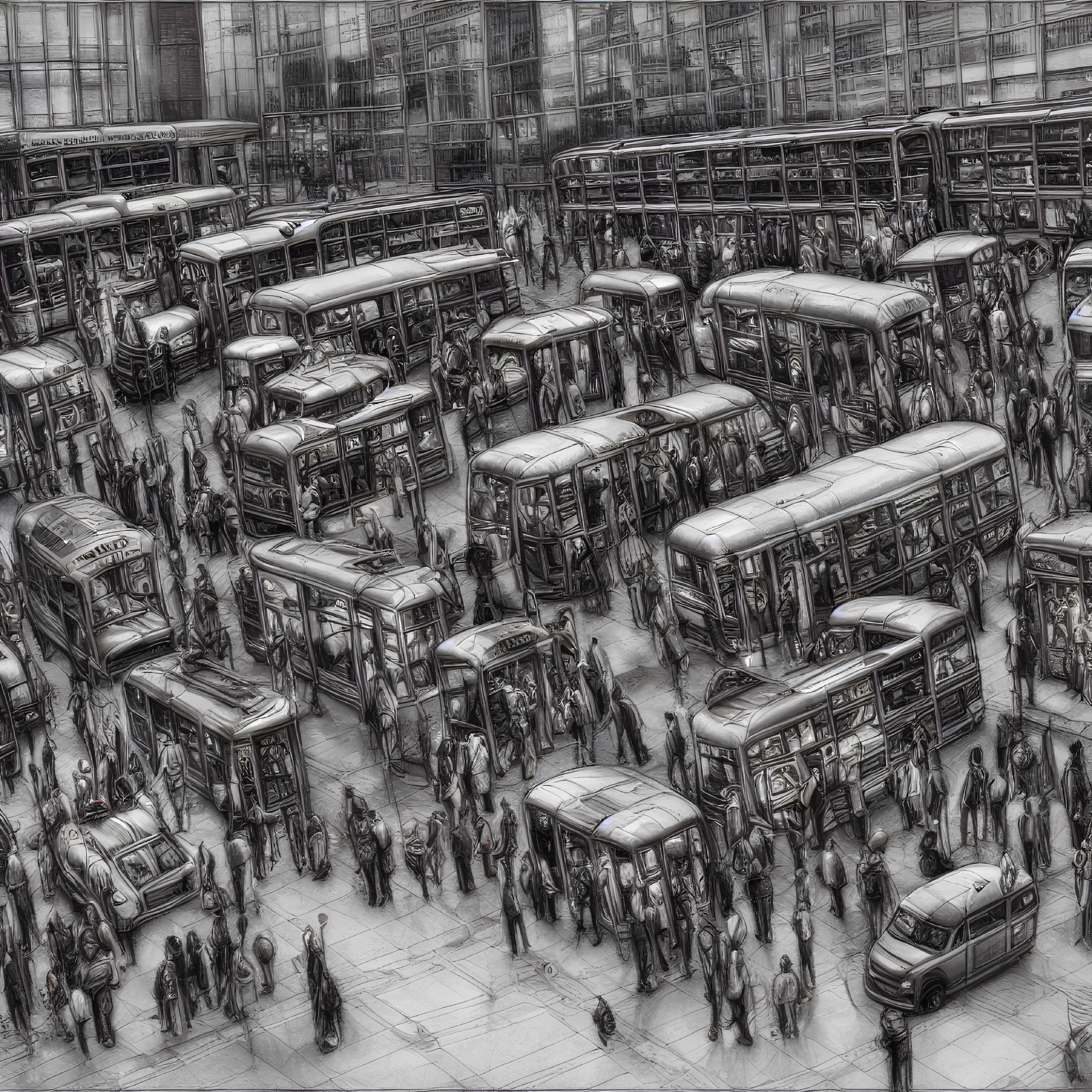 Urban grayscale bus station with multiple buses and crowds
