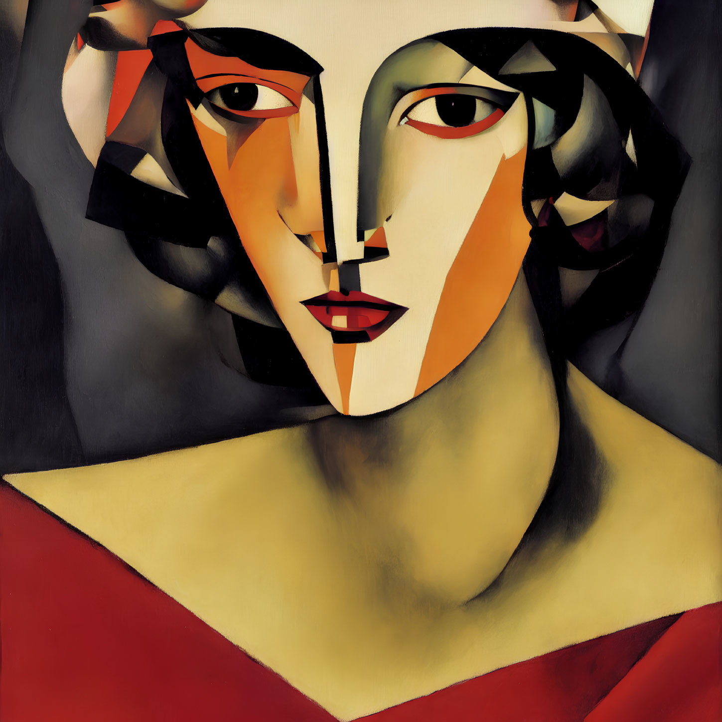 Geometric Cubist painting featuring woman in red, black, and pale tones