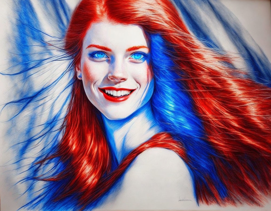 Colorful illustration of smiling woman with red hair on blue background