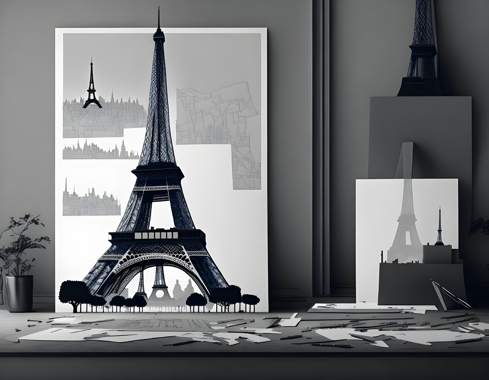 Grayscale room interior with Eiffel Tower model, themed pictures, and city map