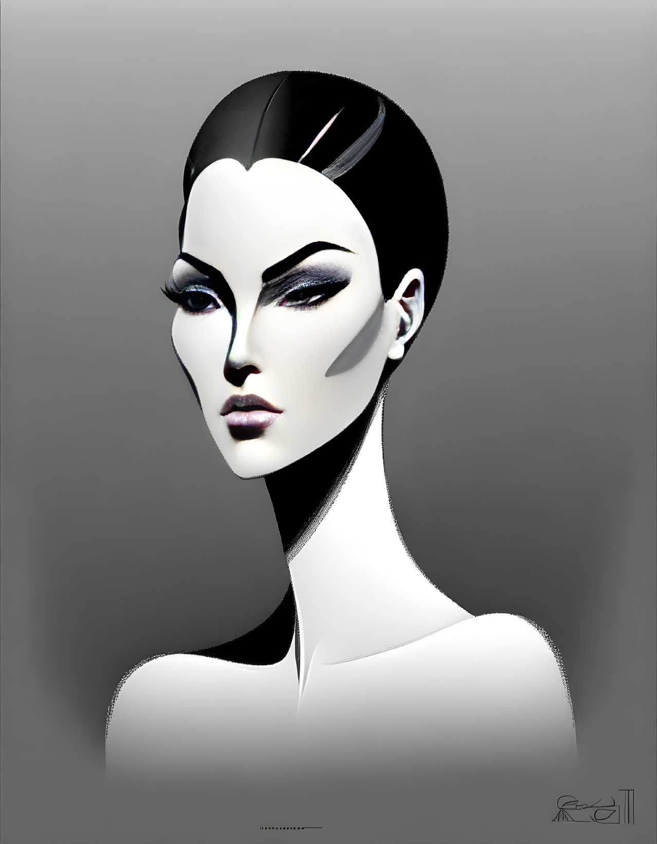 Illustration of stylized female figure with bold features on gradient background
