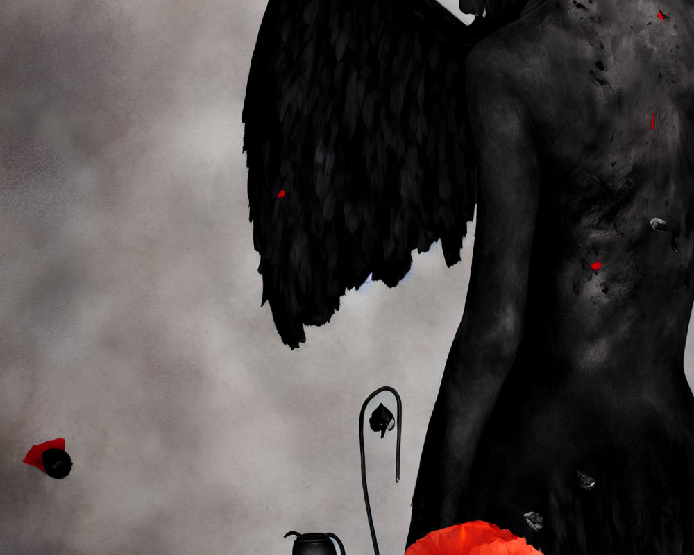 Somber figure with black wings in red poppies scene