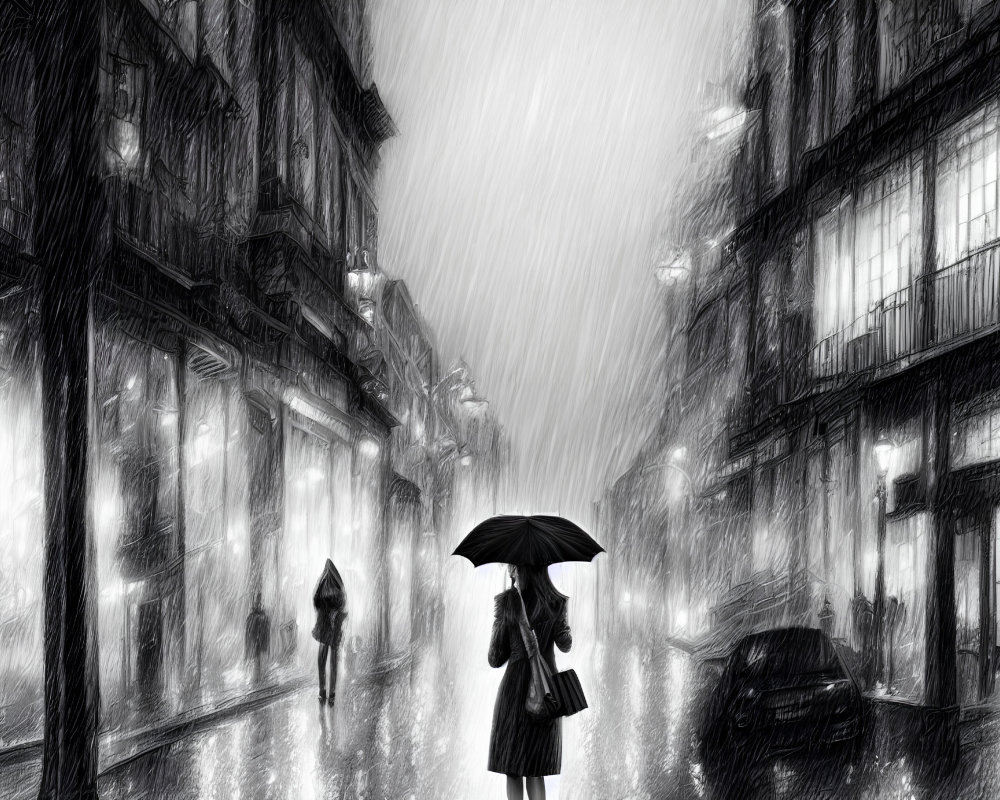 Monochrome image of person with umbrella in rain-soaked street