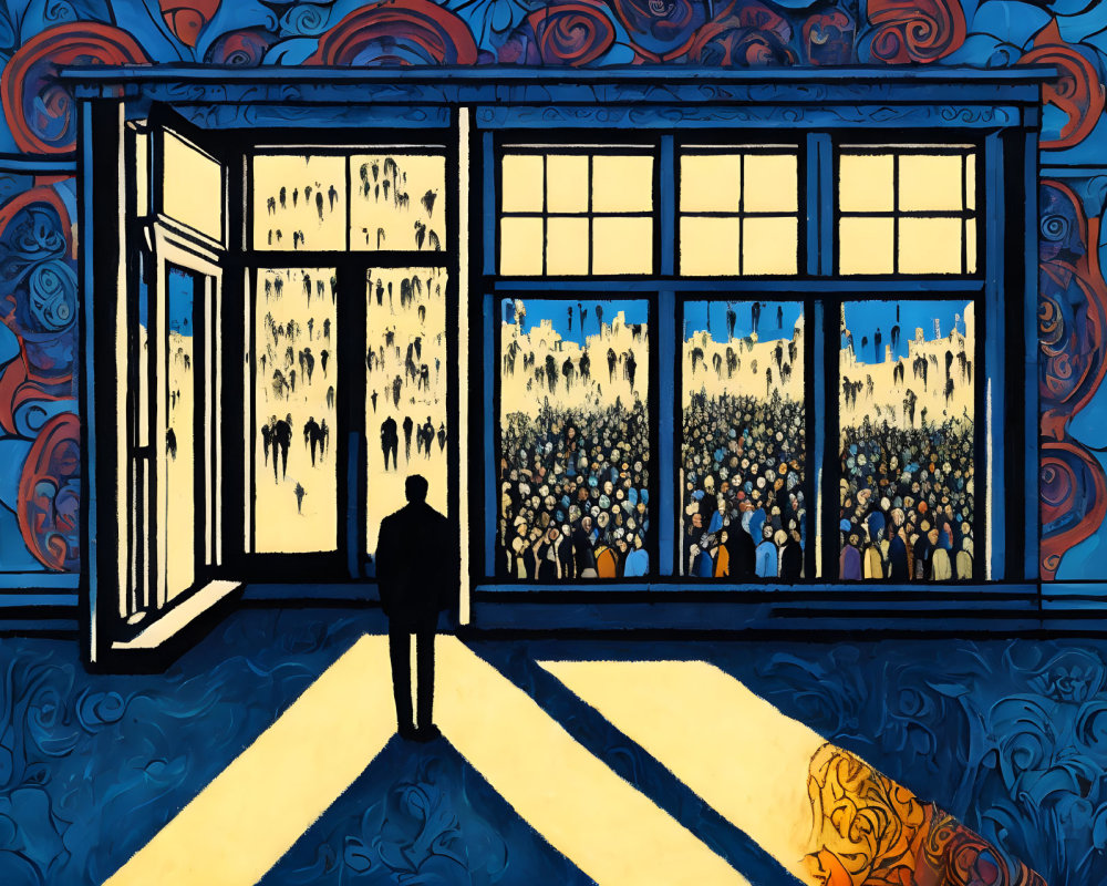 Expressive silhouette against vibrant window scene with blue and yellow tones