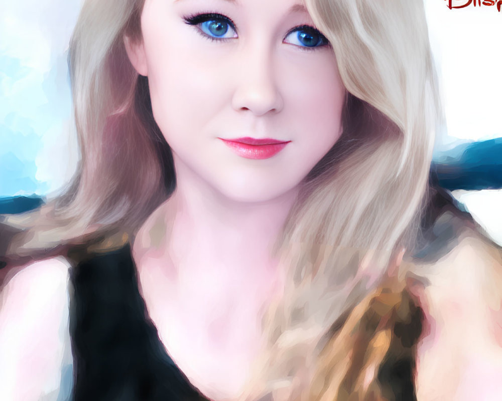 Digital portrait of a woman with blue eyes, blonde hair, black top, beige scarf, and painter