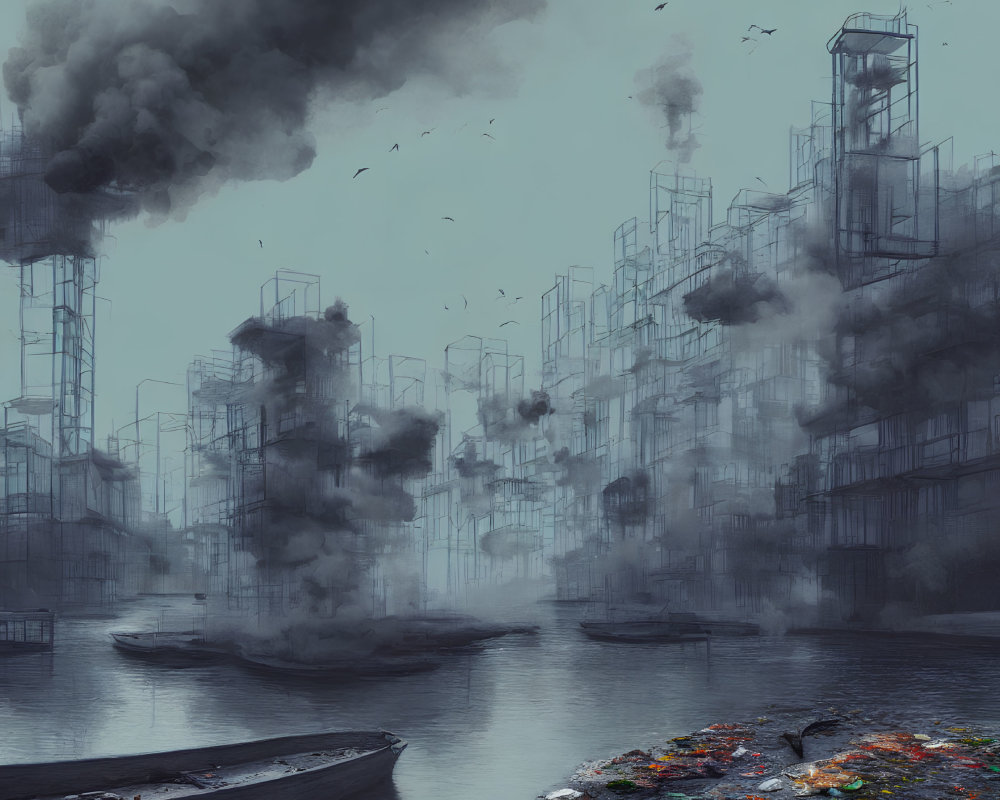 Dystopian cityscape with industrial towers, birds, boats, and colorful debris