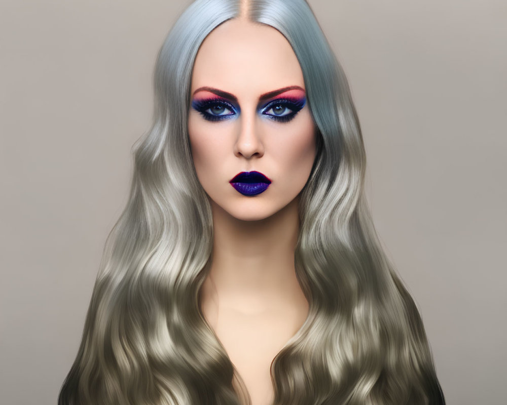 Long Wavy Ash Blonde Hair with Blue Eyeshadow and Purple Lipstick