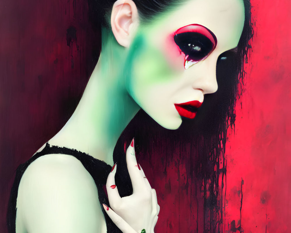 Person with green and red makeup, heart on forehead, tear on red backdrop