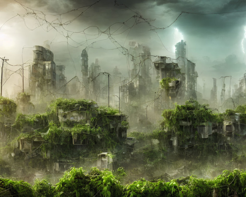 Post-apocalyptic cityscape with overgrown foliage, stormy skies, crumbling buildings, and lightning.