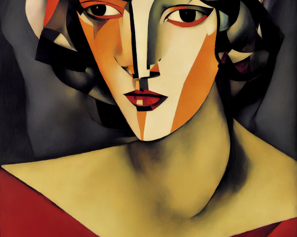 Geometric Cubist painting featuring woman in red, black, and pale tones