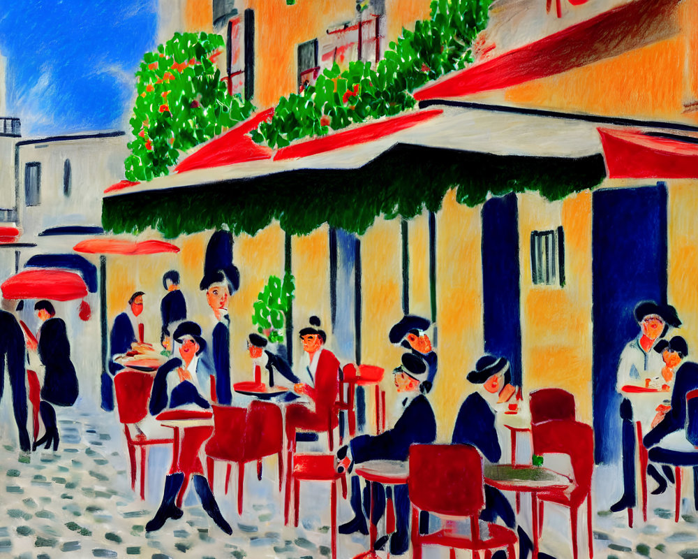 Colorful street scene painting: people dining under red awnings, cafe, buildings, trees.