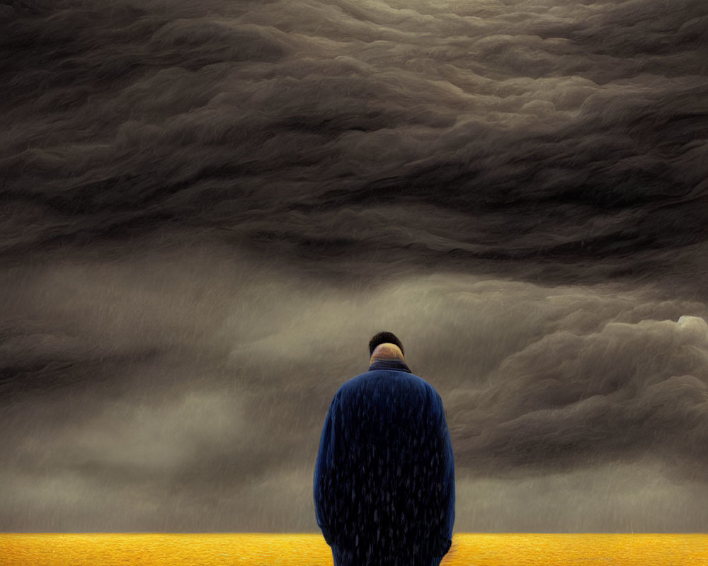 Person in Blue Coat Standing by Surreal Orange Water under Stormy Sky