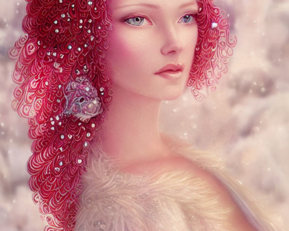 Woman with Curly Red Hair and Floral Adornments in Snowy Scene