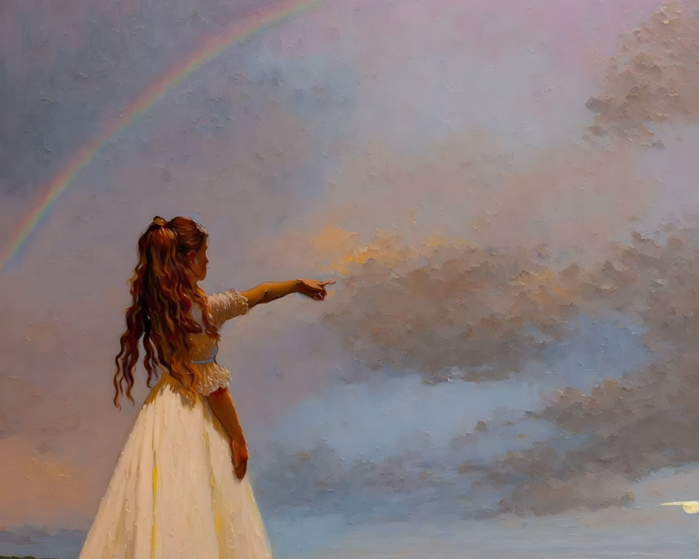 Woman in white dress pointing at rainbow under dramatic sky