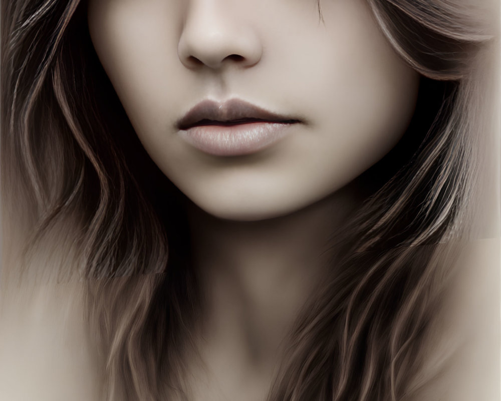 Detailed Close-Up Portrait of Young Woman with Long Brown Hair