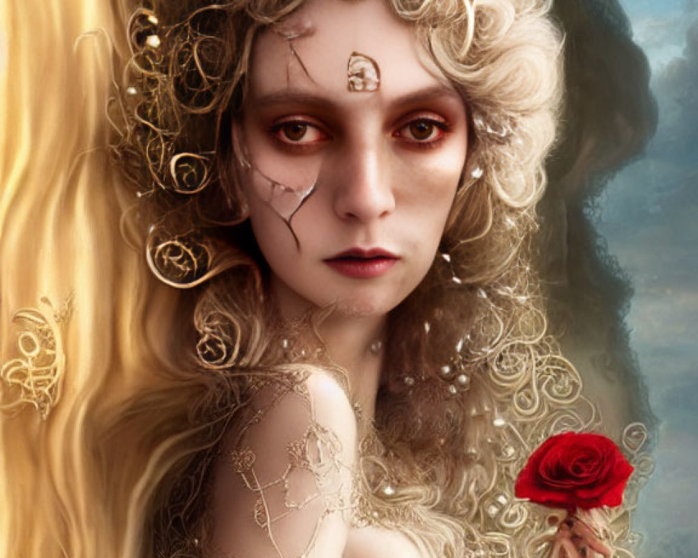 Portrait of Woman with Pale Skin, Golden Filigree, Red Rose, Dark Eyes, Curly