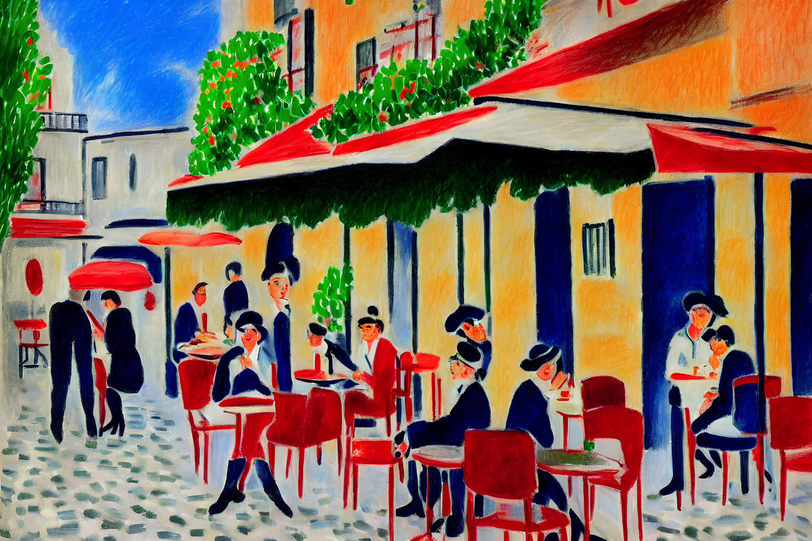 Colorful street scene painting: people dining under red awnings, cafe, buildings, trees.
