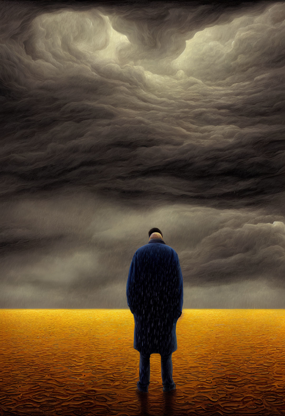 Person in Blue Coat Standing by Surreal Orange Water under Stormy Sky