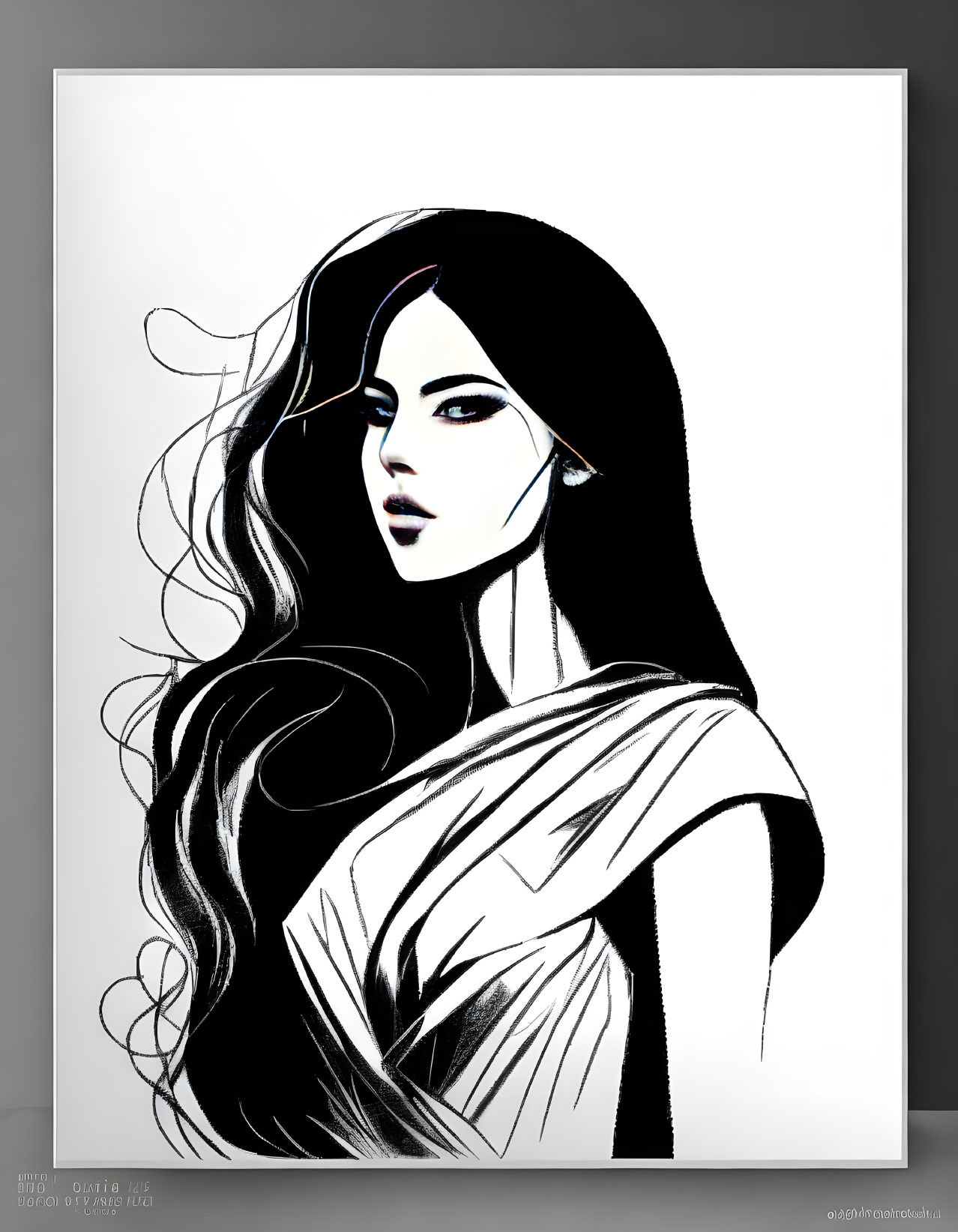 Monochromatic digital artwork: Woman with flowing hair and penetrating gaze, high-contrast shading, abstract