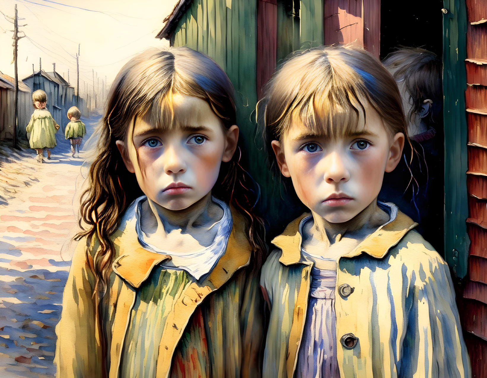 Two solemn young girls in narrow alley with walking children in background