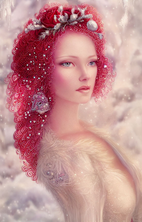 Woman with Curly Red Hair and Floral Adornments in Snowy Scene