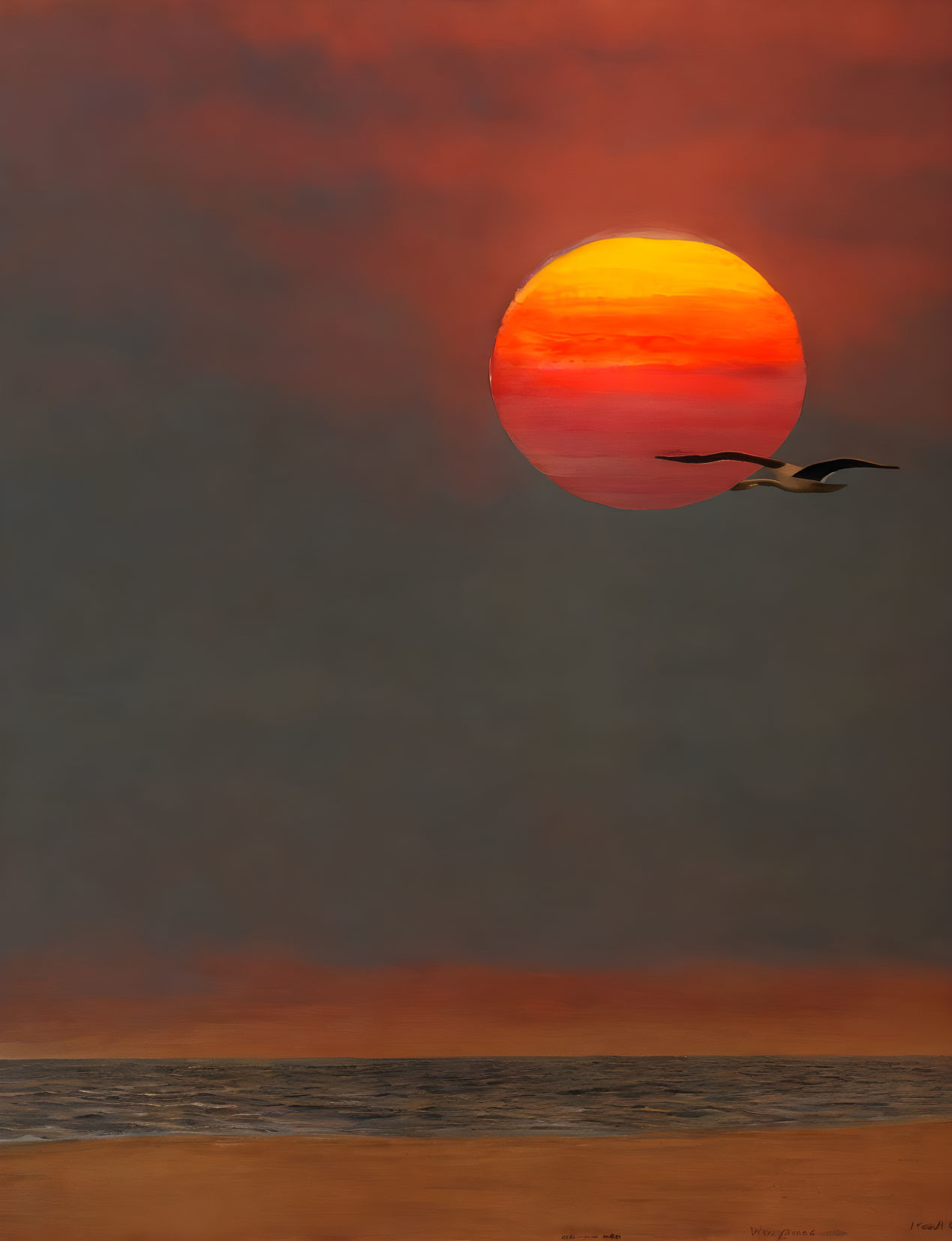 Bird flying in dramatic sunset with oversized orange sun above calm sea