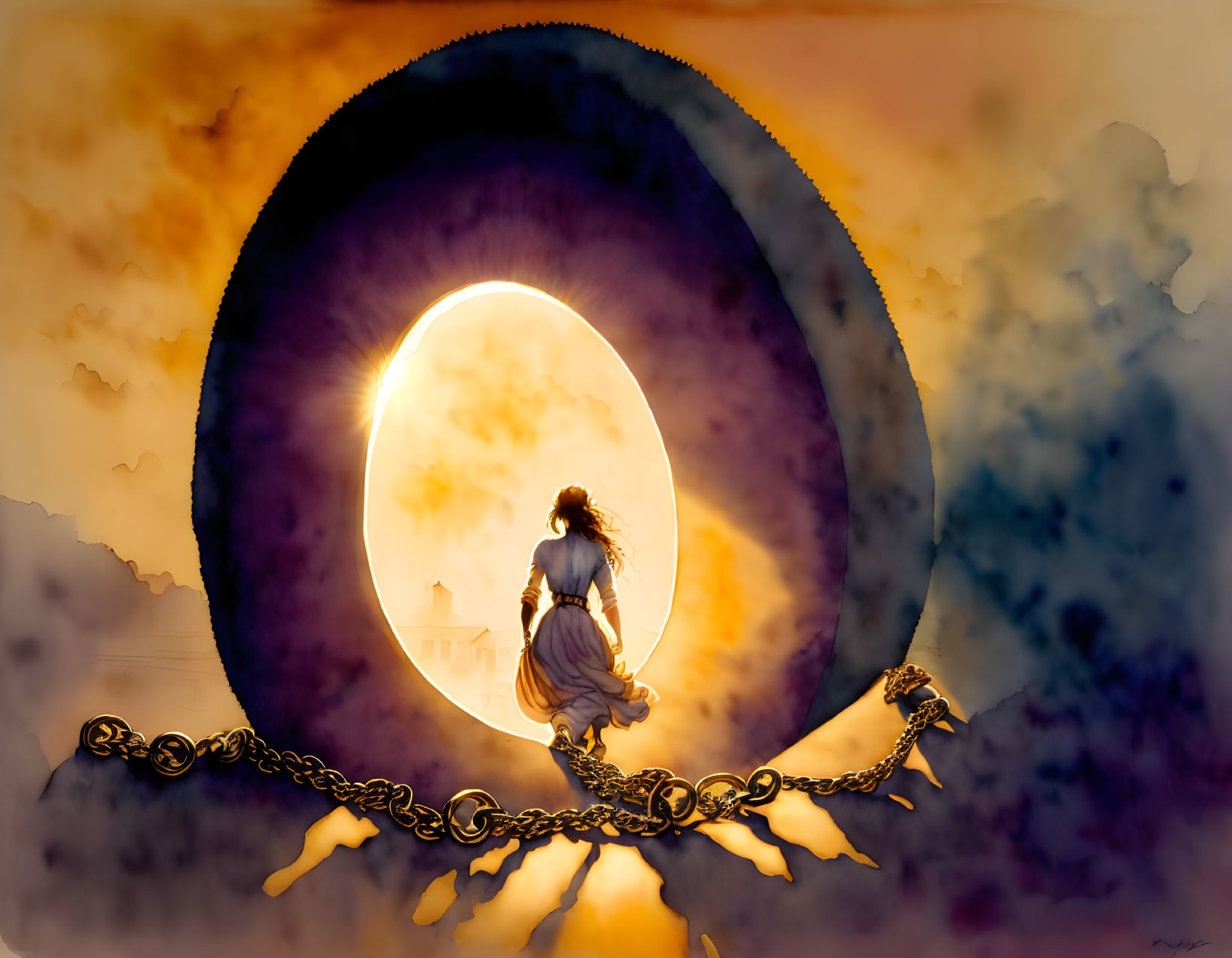 Person in dress near glowing circular portal under dramatic sunset sky