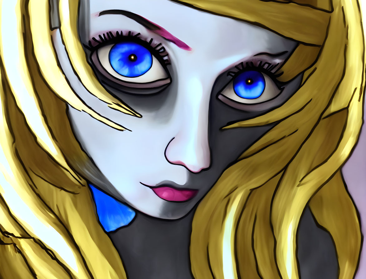 Stylized female face with large blue eyes and yellow hair