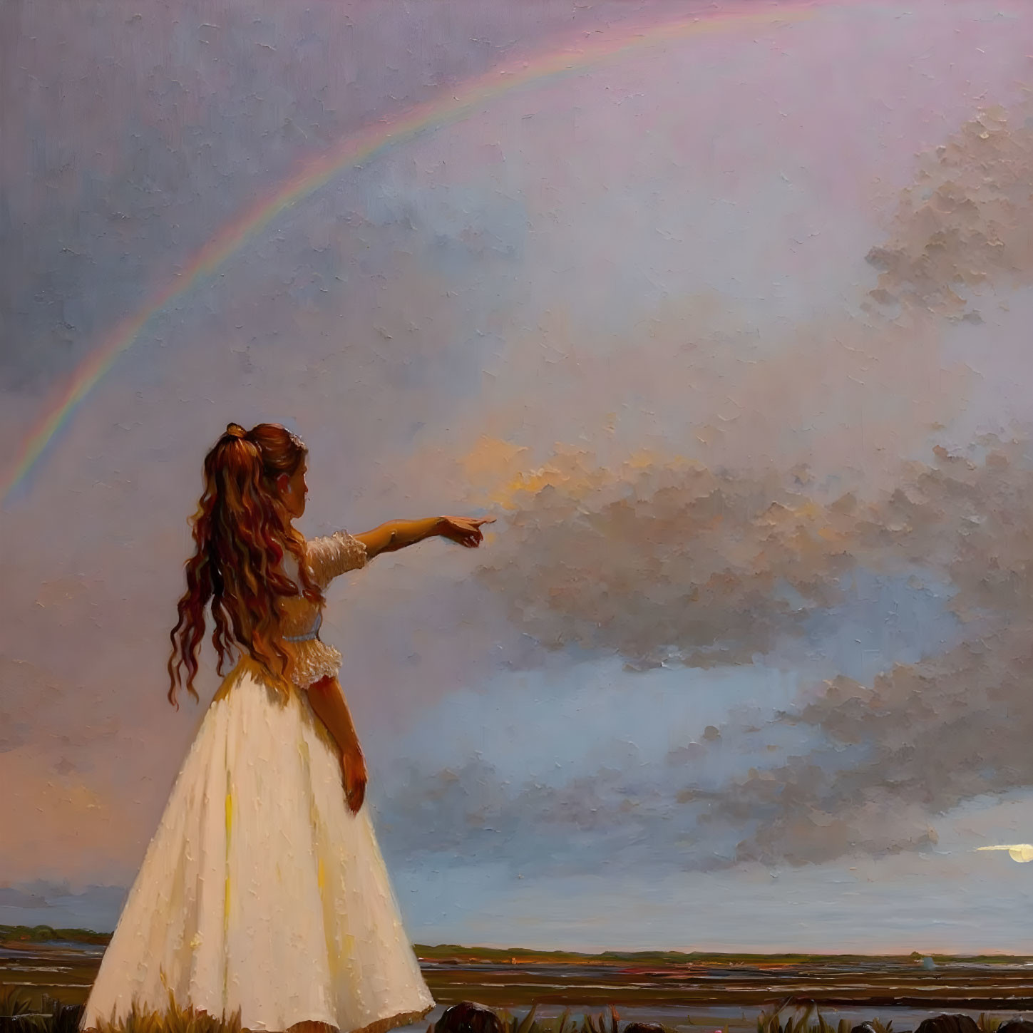 Woman in white dress pointing at rainbow under dramatic sky