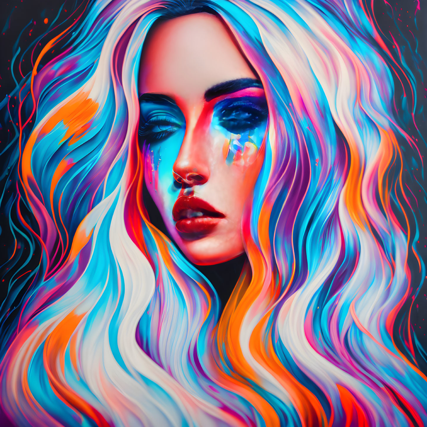 Colorful digital artwork of woman with multicolored hair and bold makeup