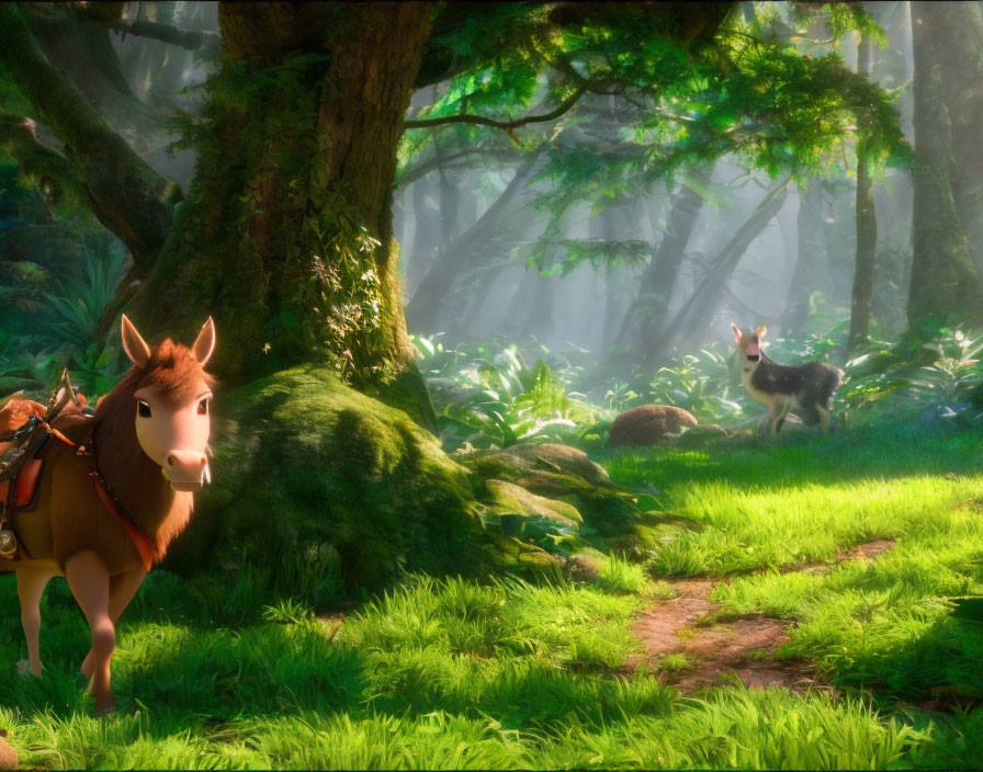 Horse and dog in sunlit forest clearing with lush greenery