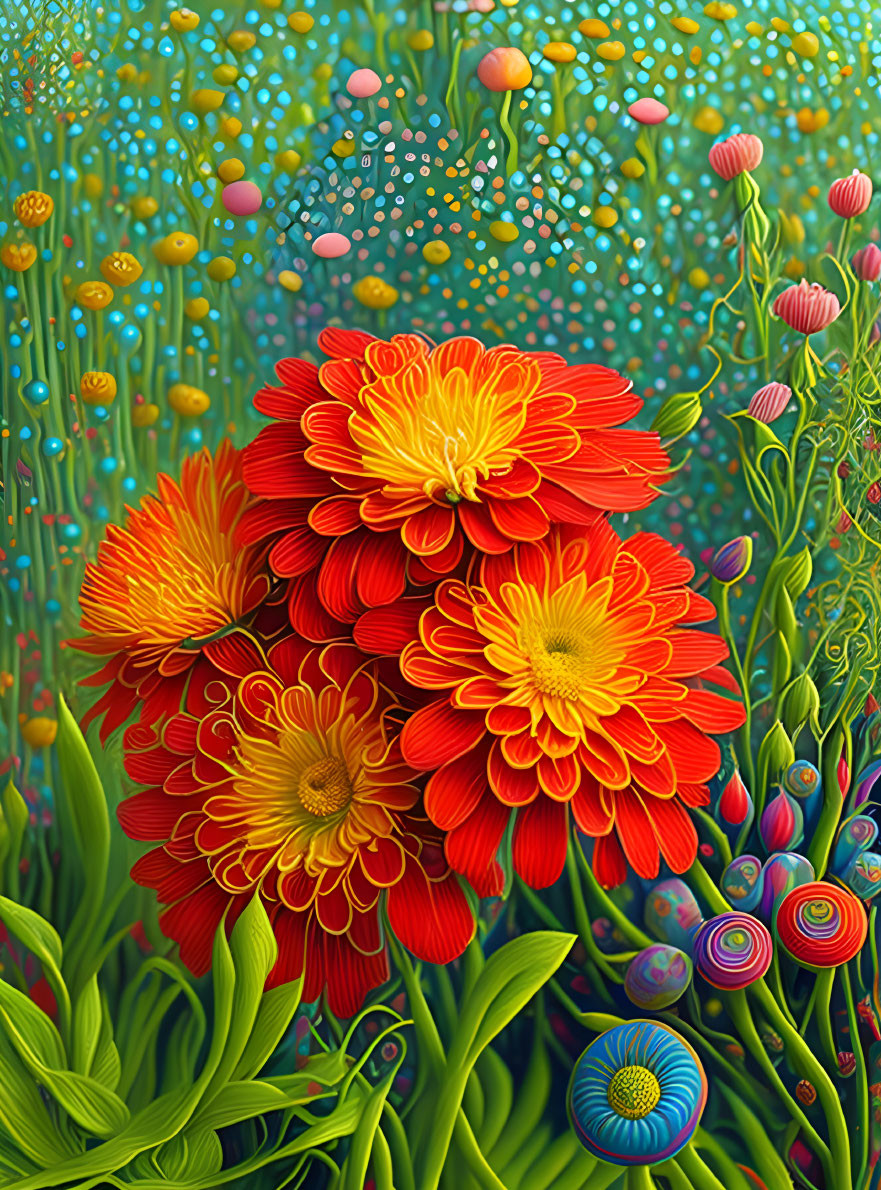 Colorful stylized artwork of red and yellow flowers with whimsical blue and green foliage on textured background