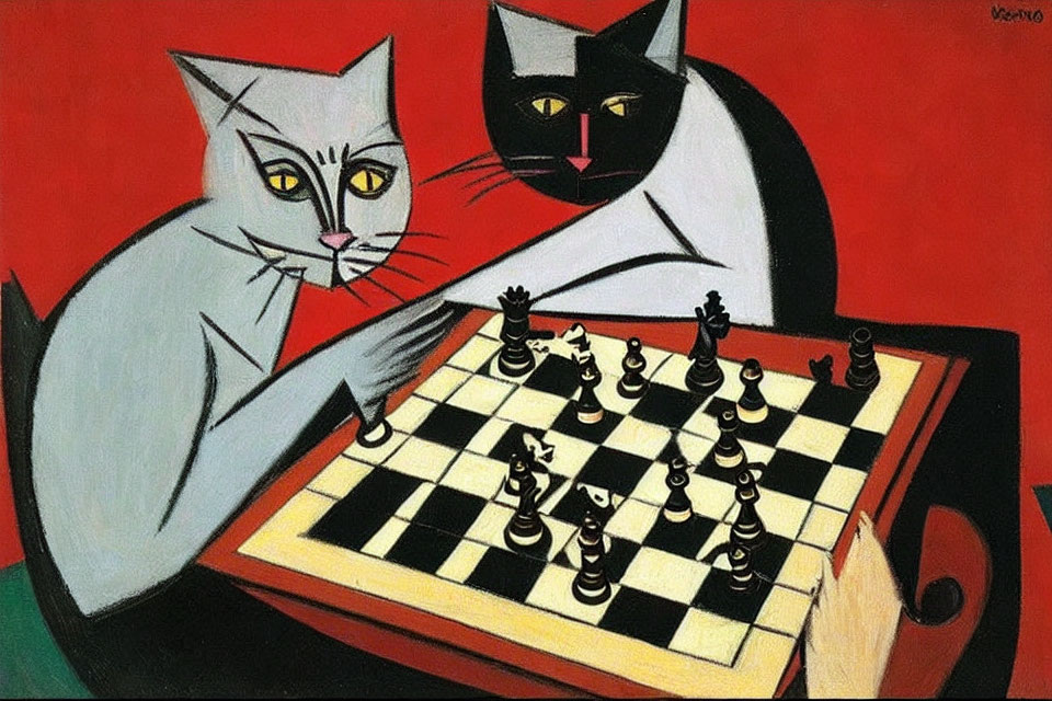 Stylized white and black cats on chessboard with red and green backdrop