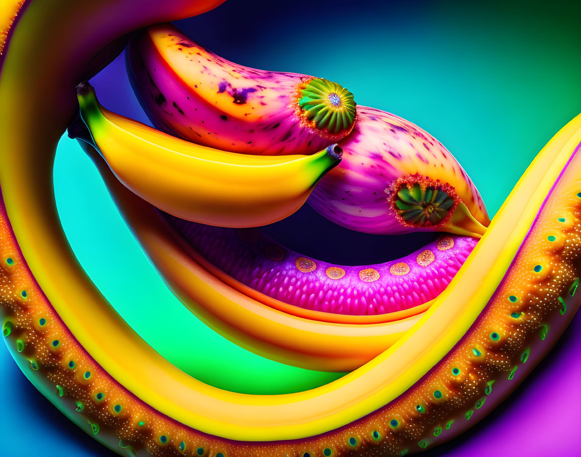 Colorful Surreal Image: Bananas with Kiwi Textures and Strawberries on Gradient Background