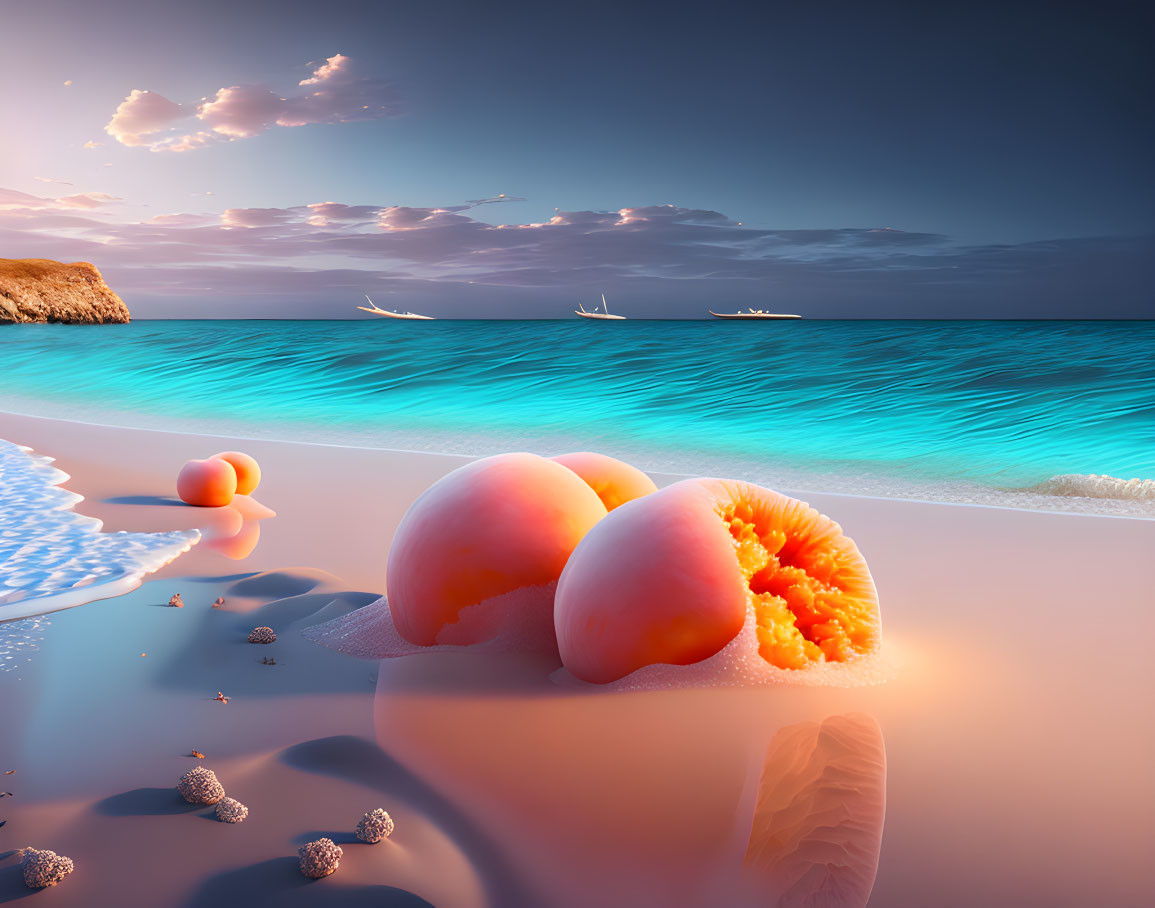 Fresh peaches on sandy beach with turquoise waters, waves, rocks, and sailing boats at sunset