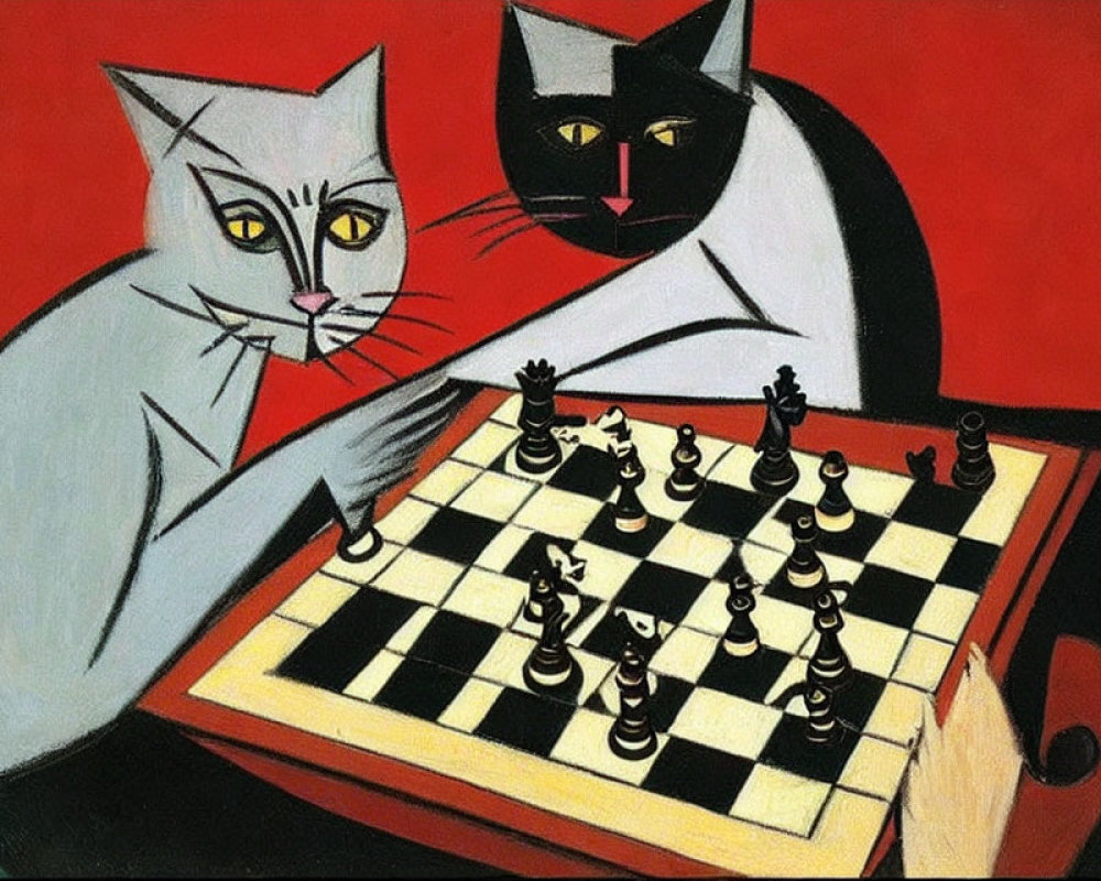 Stylized white and black cats on chessboard with red and green backdrop