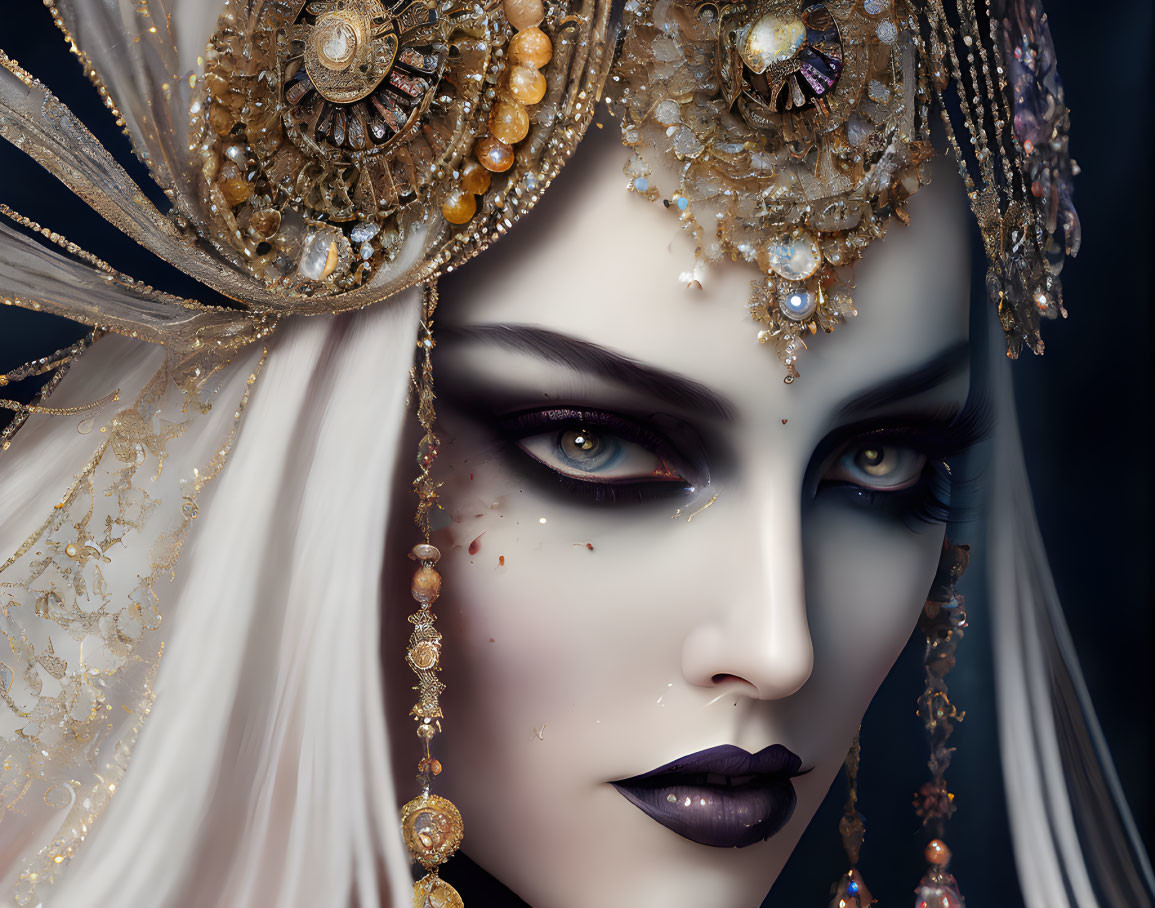 Fantasy character with pale skin, dramatic makeup, gold jewelry, and white headdress